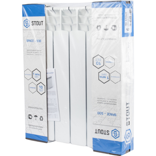 Биметаллический радиатор STOUT Space 500 - 6 секций, боковое, белый RAL 9016