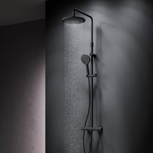 Душевая система Am.Pm Like F0780422 черный: смеситель с термостатом, стойка с верхним душем, ручной душ