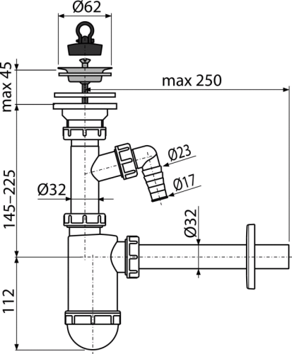 Сифон Alcaplast d 32 мм, для раковины, с подводкой,  с нержавеющей решеткой d 63 мм A410P