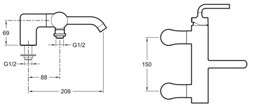 Смеситель для ванны Jacob Delafon Purist E14500-4A-CP хром, на деку, межосевое расстояние 150мм
