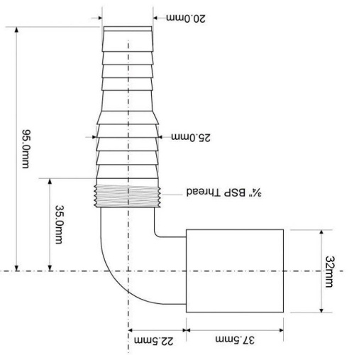 Штуцер угловой 20-25-3/4" выход 32 мм для слива бытовой техники McAlpine