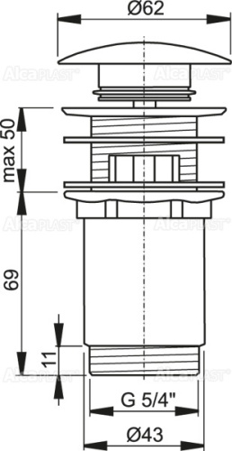 Выпуск Alcaplast 5/4", для раковины, механизм click/clack, цельнометаллический с переливом, с большой белой заглушкой A392B