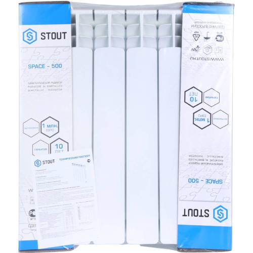 Биметаллический радиатор STOUT Space 500 - 6 секций, нижнее справа, белый RAL 9016