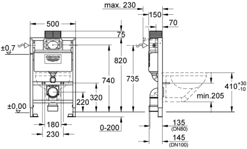 Инсталляция Grohe 38526000 Rapid SL высота 82 см для подвесных унитазов