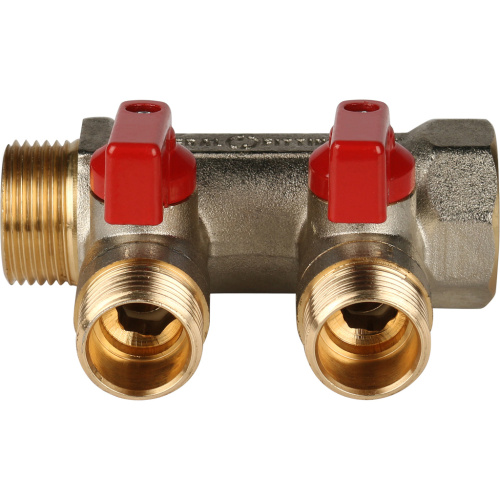 Коллектор 2 выхода STOUT 3/4"x1/2" с кранами, красные ручки SMB 6200 341202