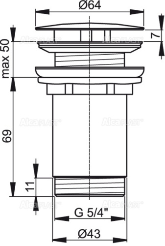 Выпуск Alcaplast 5/4, для раковины, цельнометаллический с большой пробкой, для раковин без перелива A396