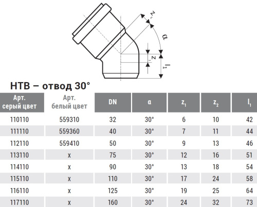Отвод 40x30° PP HTB Ostendorf внутренняя канализация