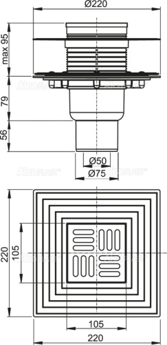 Сливной трап Alcaplast 105х105/50/75 мм, прямая подводка, решетка и фланец из нержавеющей стали, воротник – 2–х уровневая изоляция, гидрозатвор – сухой и мокрый APV4344